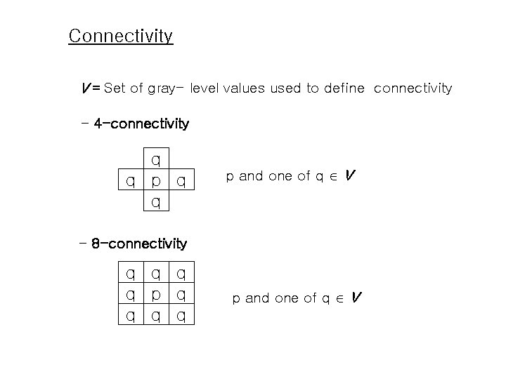 Connectivity V = Set of gray- level values used to define connectivity - 4