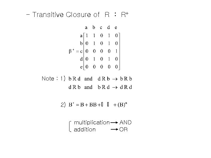 - Transitive Closure of R : R+ Note : 1) 2) multiplication addition AND