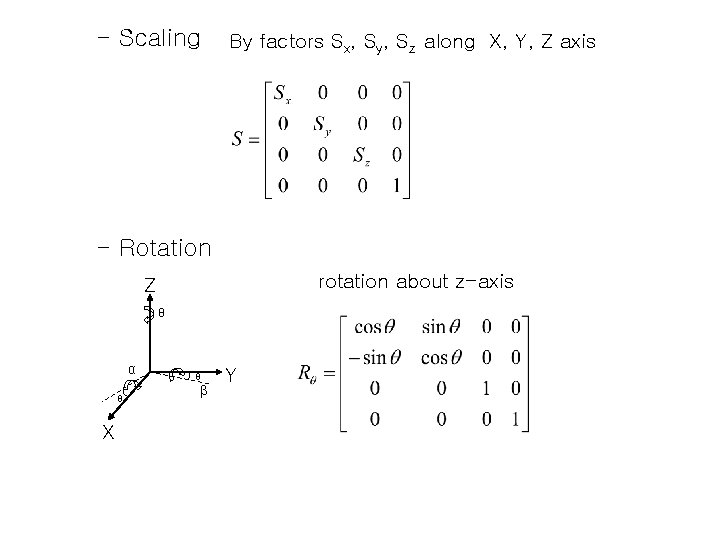 - Scaling By factors Sx, Sy, Sz along X, Y, Z axis - Rotation