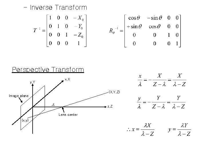 - Inverse Transform Perspective Transform y, Y x, X (X, Y, Z) Image plane