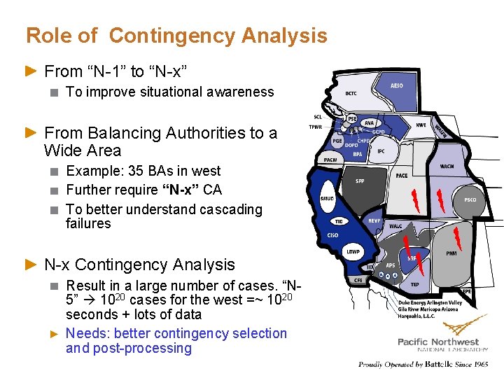 Role of Contingency Analysis From “N-1” to “N-x” To improve situational awareness From Balancing