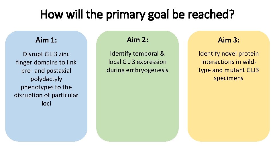 How will the primary goal be reached? Aim 1: Aim 2: Aim 3: Disrupt