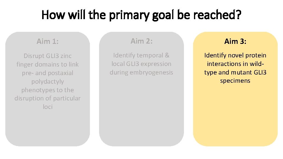 How will the primary goal be reached? Aim 1: Aim 2: Aim 3: Disrupt