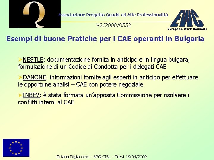 Associazione Progetto Quadri ed Alte Professionalità VS/2008/0552 European Work Councils Esempi di buone Pratiche