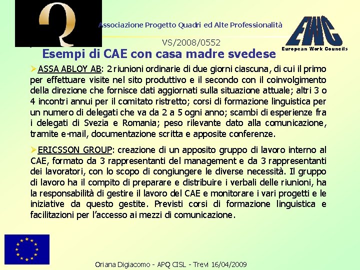 Associazione Progetto Quadri ed Alte Professionalità VS/2008/0552 Esempi di CAE con casa madre svedese