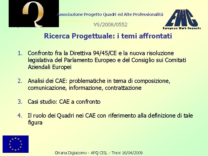 Associazione Progetto Quadri ed Alte Professionalità VS/2008/0552 European Work Councils Ricerca Progettuale: i temi