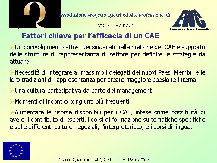 Associazione Progetto Quadri ed Alte Professionalità VS/2008/0552 Fattori chiave per l’efficacia di un CAE