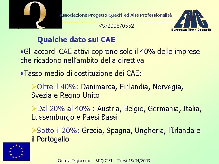 Associazione Progetto Quadri ed Alte Professionalità VS/2008/0552 European Work Councils Qualche dato sui CAE