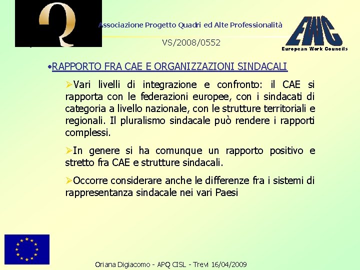 Associazione Progetto Quadri ed Alte Professionalità VS/2008/0552 European Work Councils • RAPPORTO FRA CAE