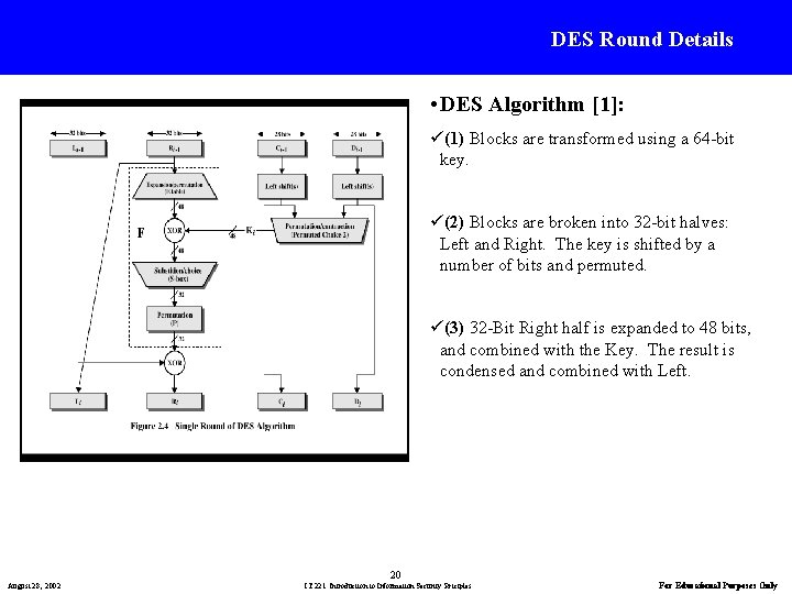 DES Round Details • DES Algorithm [1]: ü(1) Blocks are transformed using a 64