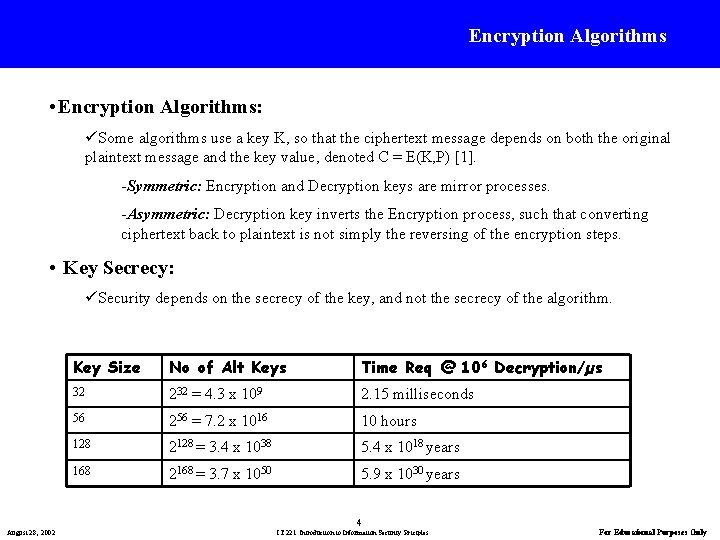 Encryption Algorithms • Encryption Algorithms: üSome algorithms use a key K, so that the