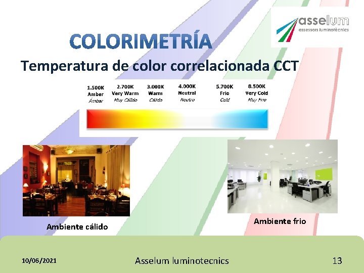 Temperatura de color correlacionada CCT Ambiente frio Ambiente cálido 10/06/2021 Asselum luminotecnics 13 Temperatura de color correlacionada CCT Ambiente frio Ambiente cálido 10/06/2021 Asselum luminotecnics 13