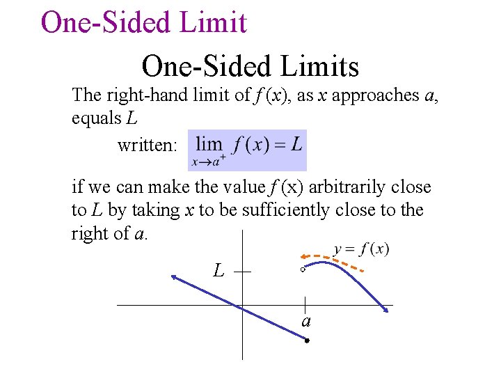 One-Sided Limits The right-hand limit of f (x), as x approaches a, equals L