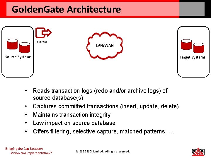 Golden. Gate Architecture Extract LAN/WAN Source Systems Target Systems • Reads transaction logs (redo