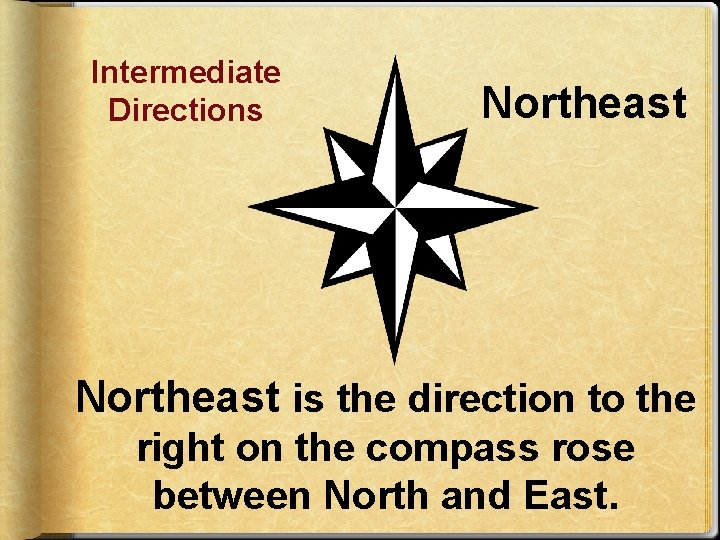 Intermediate Directions Northeast is the direction to the right on the compass rose between