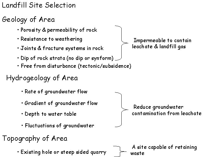 Landfill Site Selection Geology of Area • Porosity & permeability of rock • Resistance