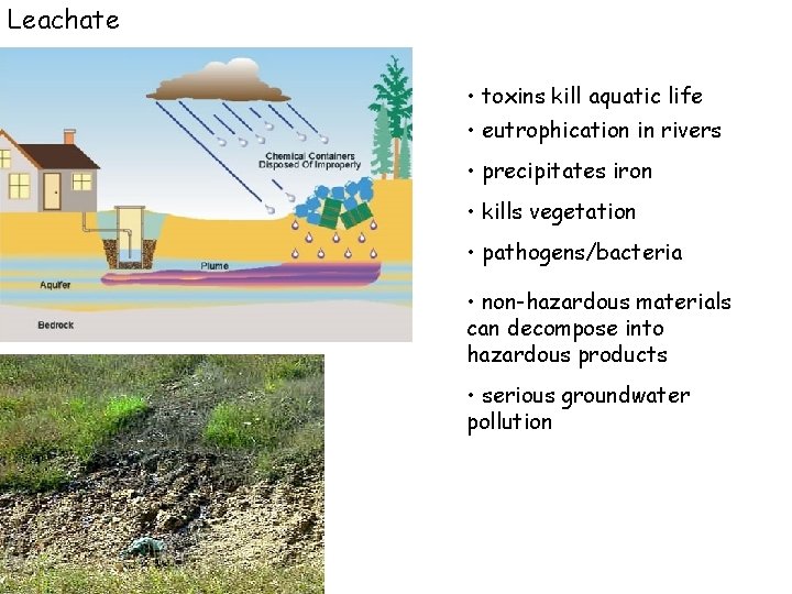 Leachate • toxins kill aquatic life • eutrophication in rivers • precipitates iron •