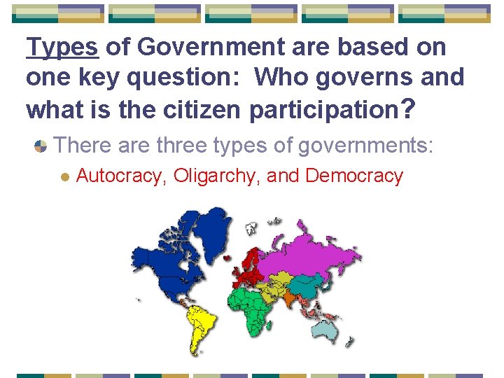 Types of Government are based on one key question: Who governs and what is