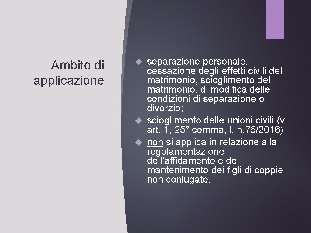 Ambito di applicazione separazione personale, cessazione degli effetti civili del matrimonio, scioglimento del matrimonio,