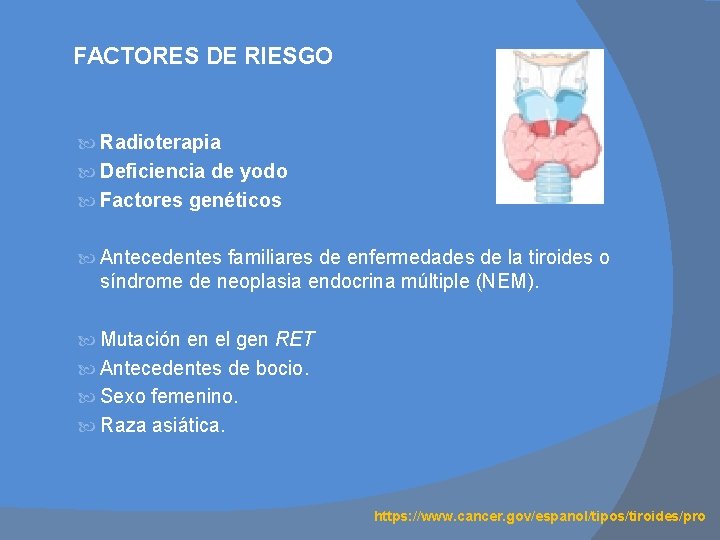 FACTORES DE RIESGO Radioterapia Deficiencia de yodo Factores genéticos Antecedentes familiares de enfermedades de