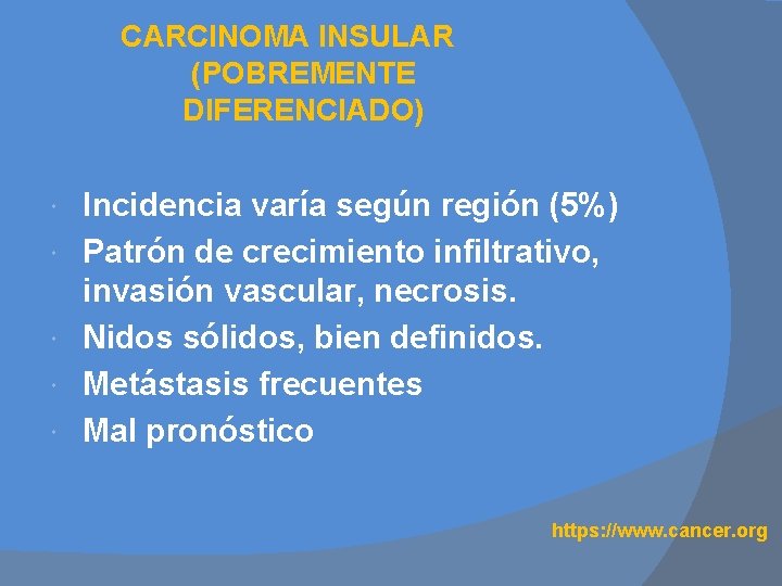 CARCINOMA INSULAR (POBREMENTE DIFERENCIADO) Incidencia varía según región (5%) Patrón de crecimiento infiltrativo, invasión