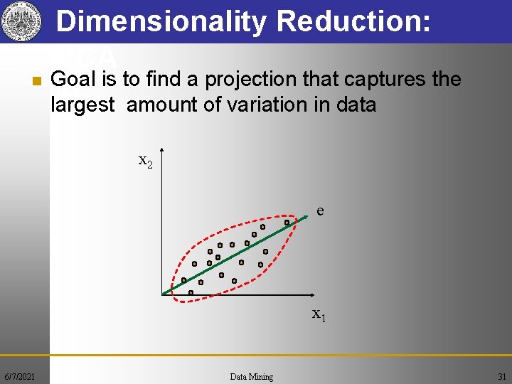 n Dimensionality Reduction: PCA Goal is to find a projection that captures the largest