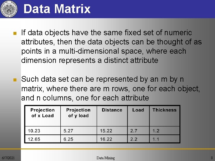 Data Matrix n If data objects have the same fixed set of numeric attributes,