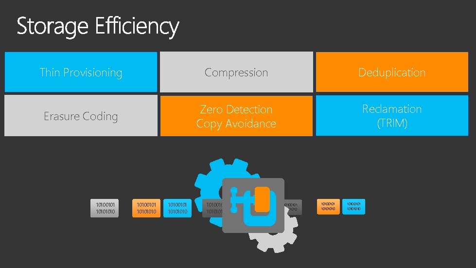 Thin Provisioning Compression Deduplication Erasure Coding Zero Detection Copy Avoidance Reclamation (TRIM) 10100101 10101010
