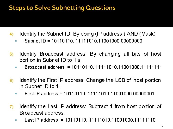 Steps to Solve Subnetting Questions Identify the Subnet ID: By doing (IP address )