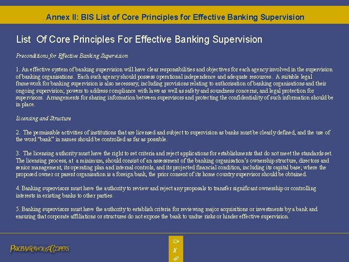 Annex II: BIS List of Core Principles for Effective Banking Supervision List Of Core Annex II: BIS List of Core Principles for Effective Banking Supervision List Of Core