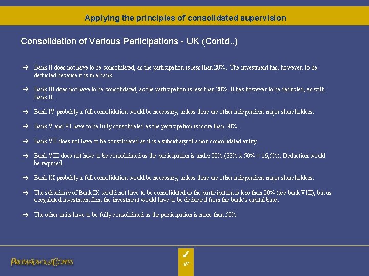 Applying the principles of consolidated supervision Consolidation of Various Participations - UK (Contd. . Applying the principles of consolidated supervision Consolidation of Various Participations - UK (Contd. .