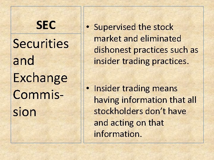 SEC Securities and Exchange Commission • Supervised the stock market and eliminated dishonest practices