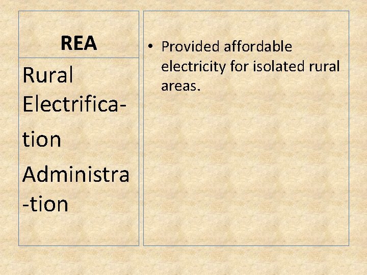 REA Rural Electrification Administra -tion • Provided affordable electricity for isolated rural areas. 