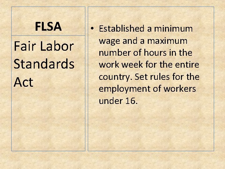 FLSA Fair Labor Standards Act • Established a minimum wage and a maximum number
