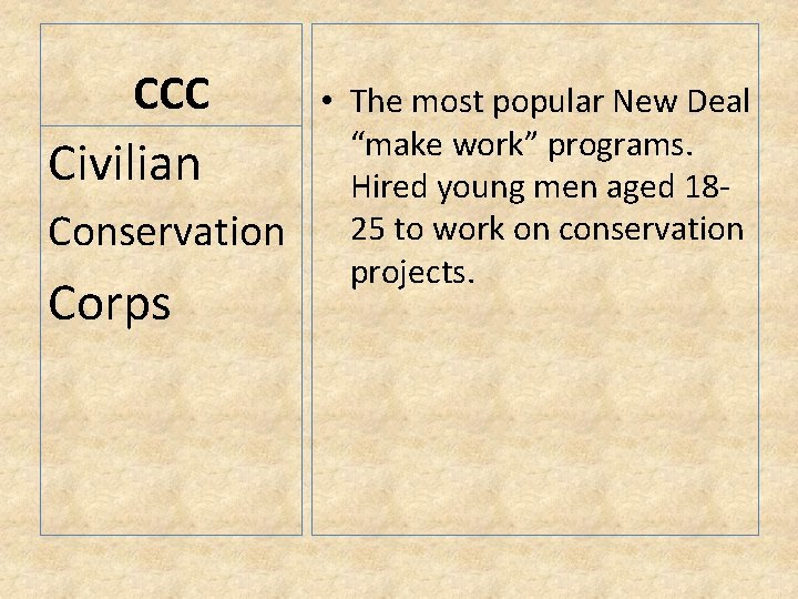 CCC Civilian Conservation Corps • The most popular New Deal “make work” programs. Hired