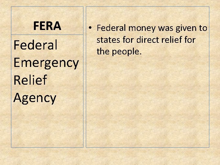 FERA Federal Emergency Relief Agency • Federal money was given to states for direct