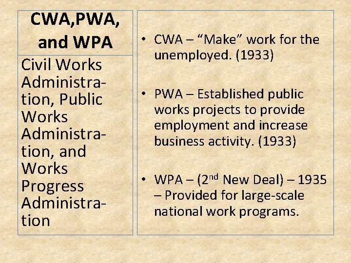 CWA, PWA, and WPA Civil Works Administration, Public Works Administration, and Works Progress Administration