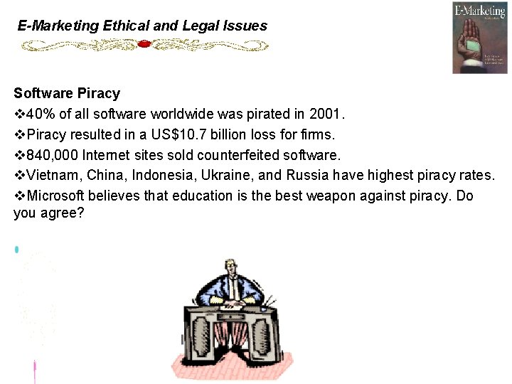 E-Marketing Ethical and Legal Issues Software Piracy v 40% of all software worldwide was