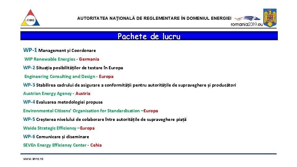 AUTORITATEA NAŢIONALĂ DE REGLEMENTARE ÎN DOMENIUL ENERGIEI Pachete de lucru WP-1 Management și Coordonare