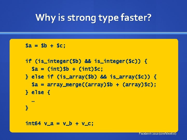 Why is strong type faster? $a = $b + $c; if (is_integer($b) && is_integer($c))