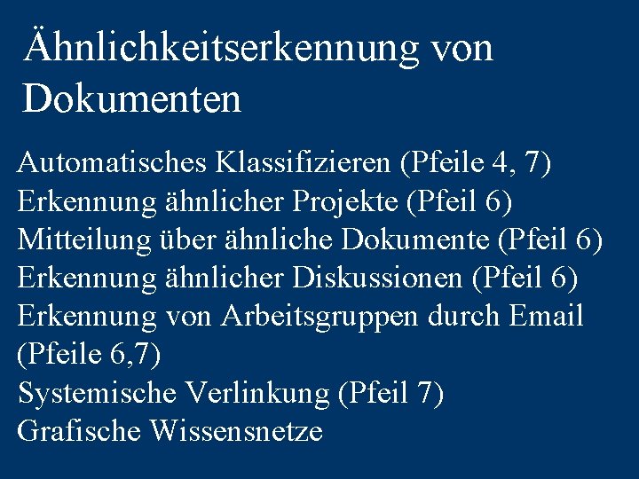 Ähnlichkeitserkennung von Dokumenten Automatisches Klassifizieren (Pfeile 4, 7) Erkennung ähnlicher Projekte (Pfeil 6) Mitteilung