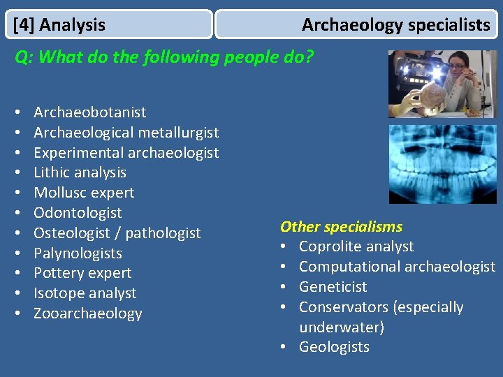 [4] Analysis Archaeology specialists Q: What do the following people do? • • •