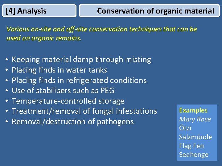 [4] Analysis Conservation of organic material Various on-site and off-site conservation techniques that can