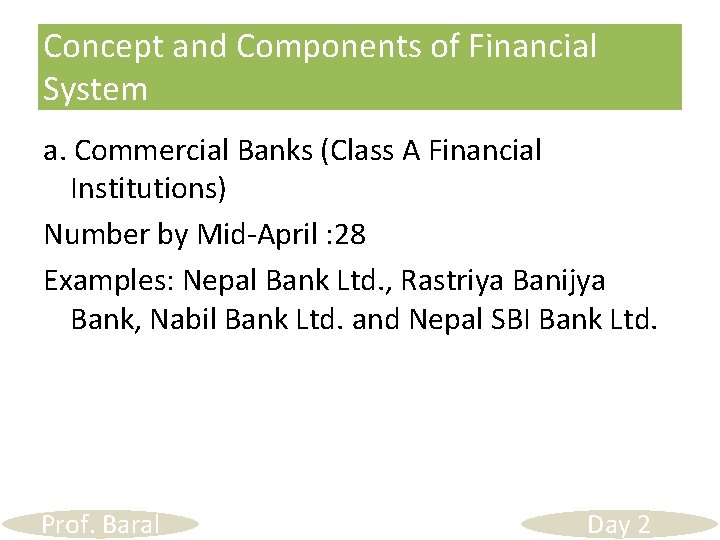Concept and Components of Financial System a. Commercial Banks (Class A Financial Institutions) Number