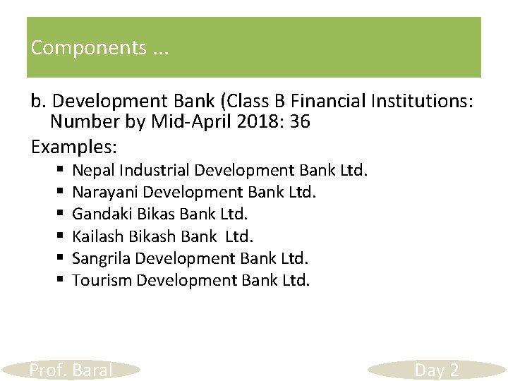 Components. . . b. Development Bank (Class B Financial Institutions: Number by Mid-April 2018: