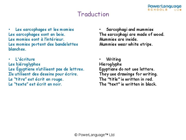 Traduction • Les sarcophages et les momies Les sarcophages sont en bois. Les momies