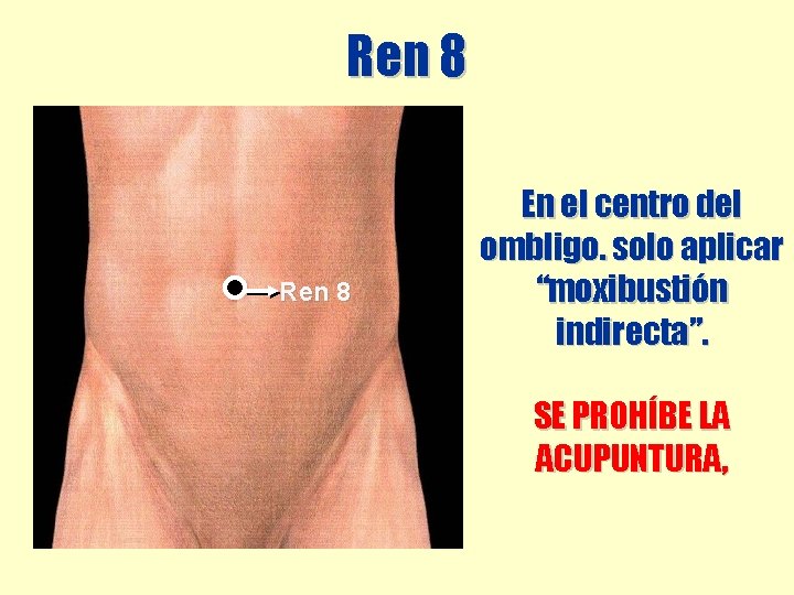 Ren 8 En el centro del ombligo. solo aplicar “moxibustión indirecta”. SE PROHÍBE LA Ren 8 En el centro del ombligo. solo aplicar “moxibustión indirecta”. SE PROHÍBE LA