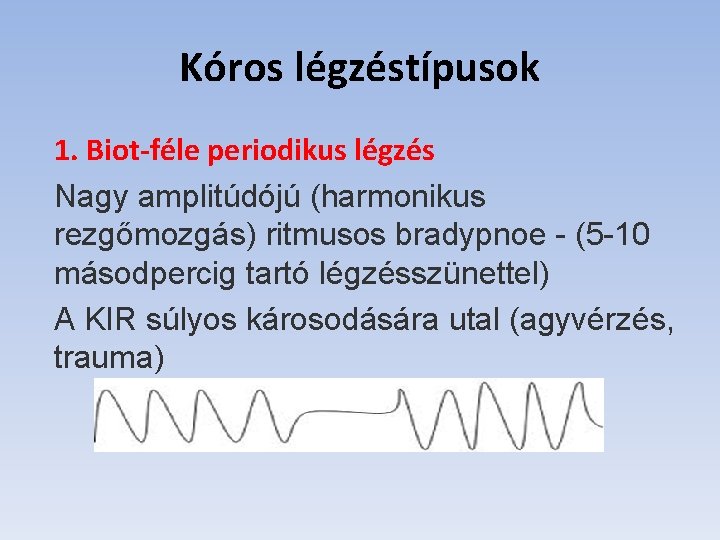 Kóros légzéstípusok 1. Biot-féle periodikus légzés Nagy amplitúdójú (harmonikus rezgőmozgás) ritmusos bradypnoe - (5