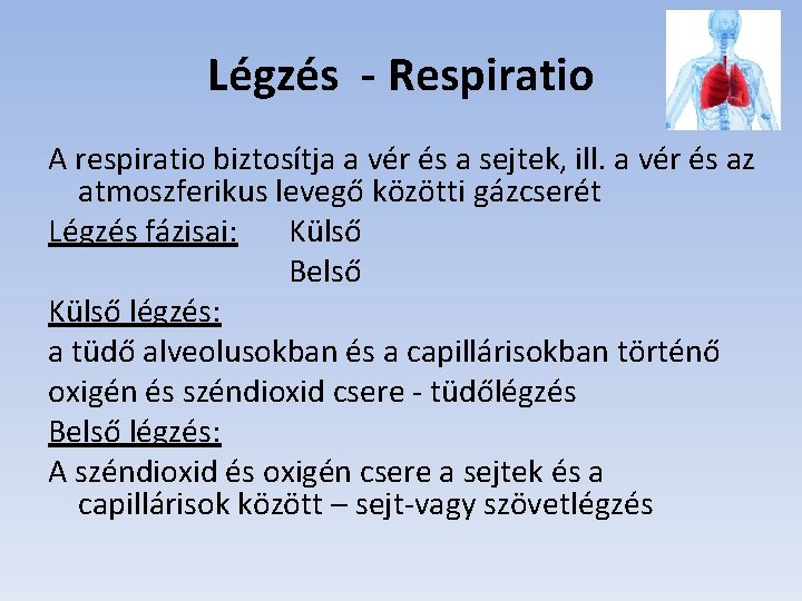 Légzés - Respiratio A respiratio biztosítja a vér és a sejtek, ill. a vér