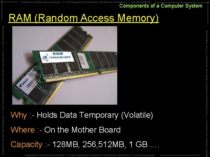 Components of a Computer System RAM (Random Access Memory) Why : - Holds Data Components of a Computer System RAM (Random Access Memory) Why : - Holds Data
